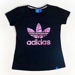 ADIDAS Black Stretch Activewear T-shirt Pink Fuzzy Logo Ladies Large